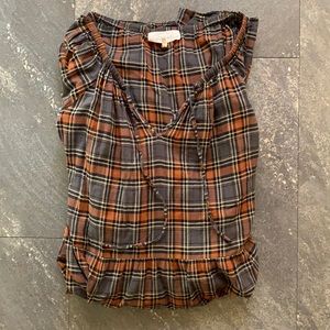 The Great Autumn Plaid Midi Peasant Dress Cotton Grey Rust 1 S tie front